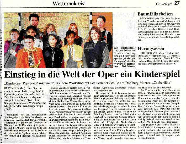 Pressebericht zur Kinderoper Papageno im Kreisanzeiger Wetteraukreis